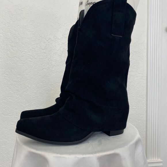 NEW Black Faux Suede Iconic Fold Over Western Style Cowboy Cowgirl Boots US 9.5 - Picture 3 of 7
